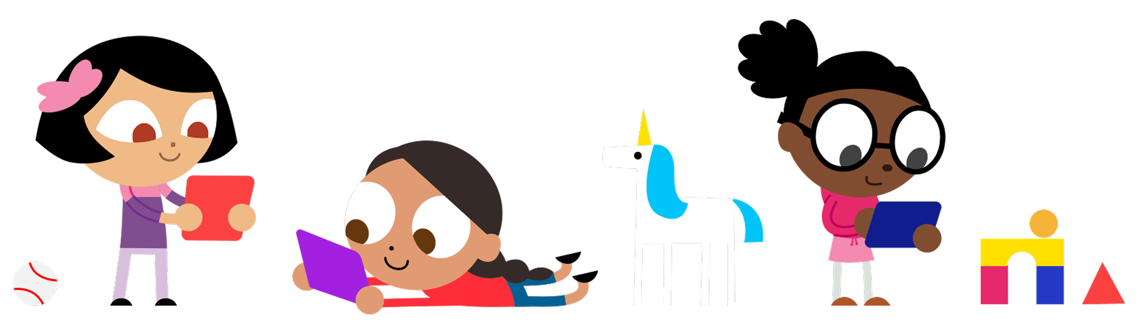 A group of three kids playing with toys and using tablets.