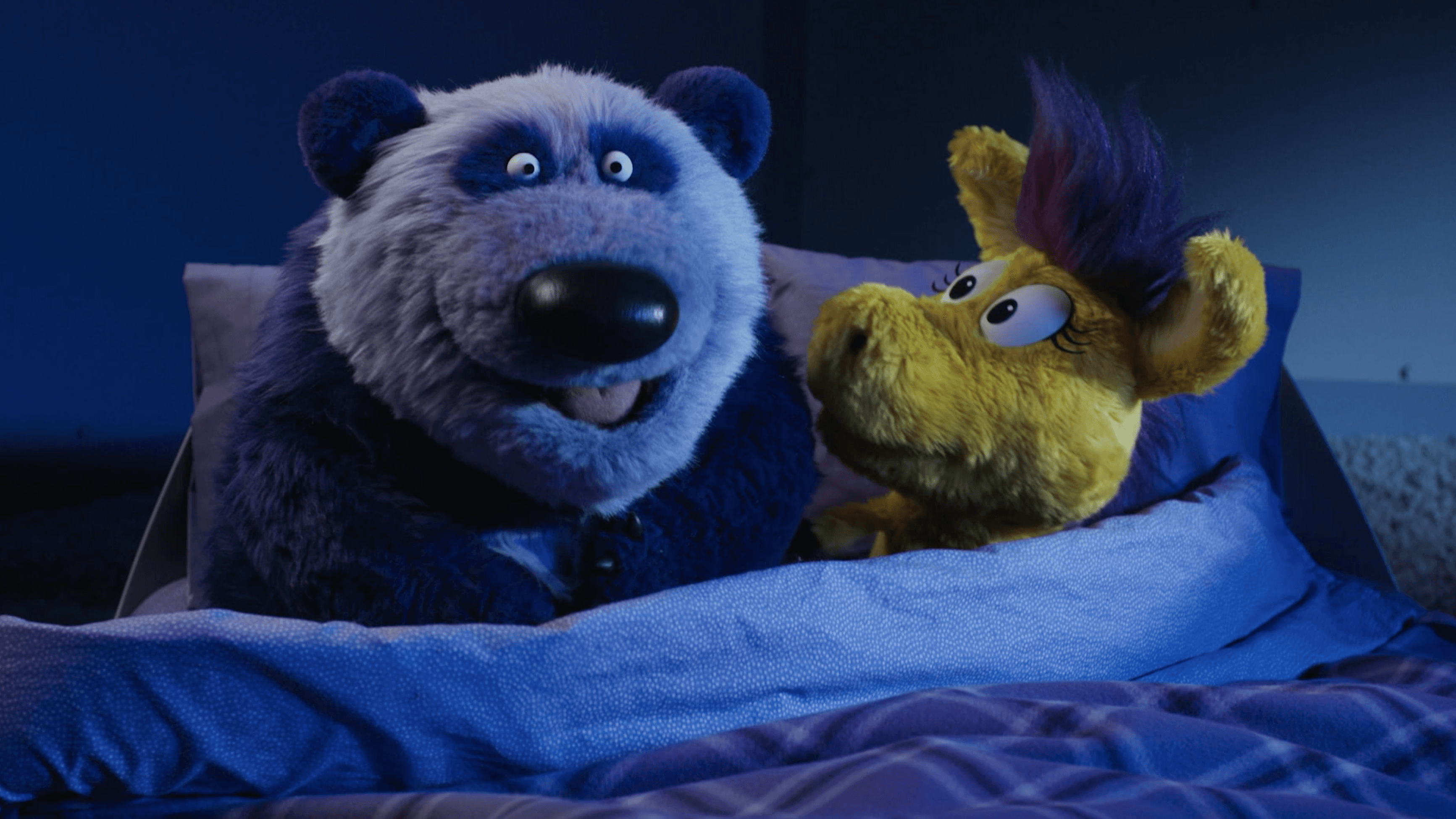 A monster appears when the lights go out. / Donkey and Panda follow in Grampy’s hoof steps