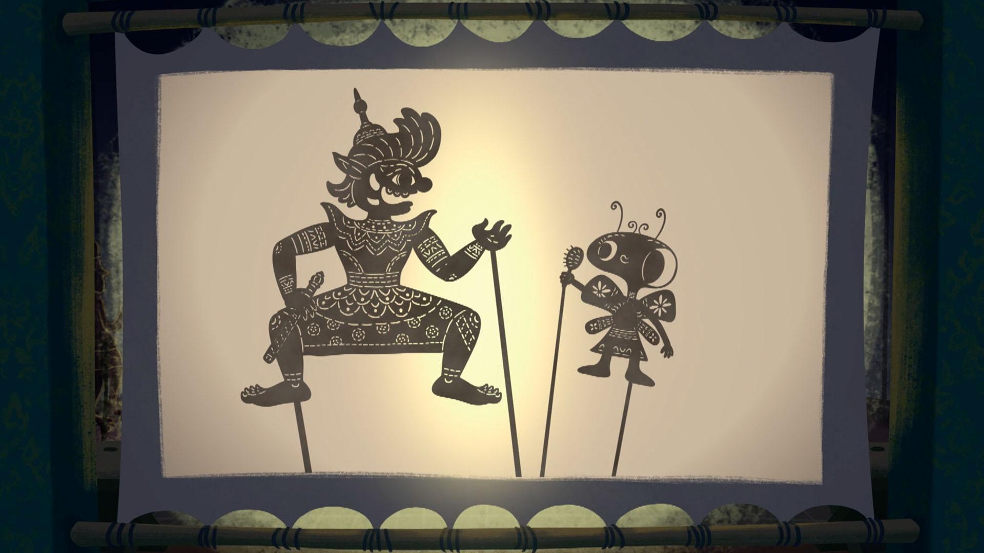 The kids learn about the Khon dance and shadow-puppets in Thailand.