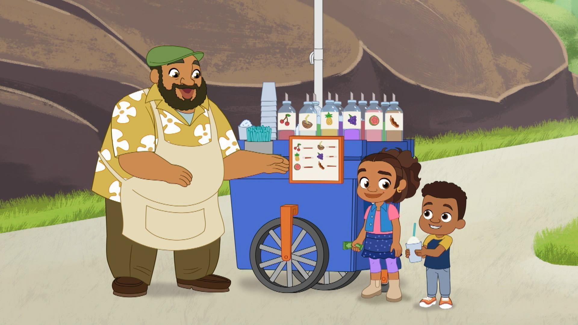 Mr. Piragua Man names a new flavor after Alma./Alma wants to keep playing with balloons.