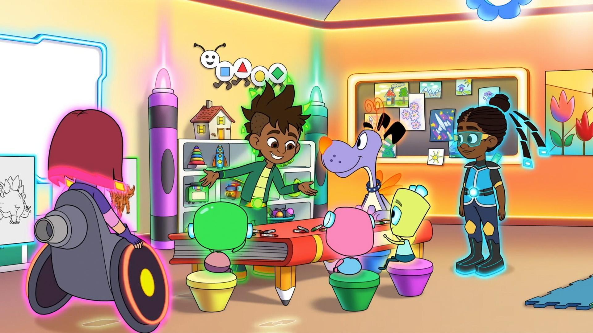 Teacher Dev helps the Beeples learn about dinosaurs. / Cora explores being an allergist.
