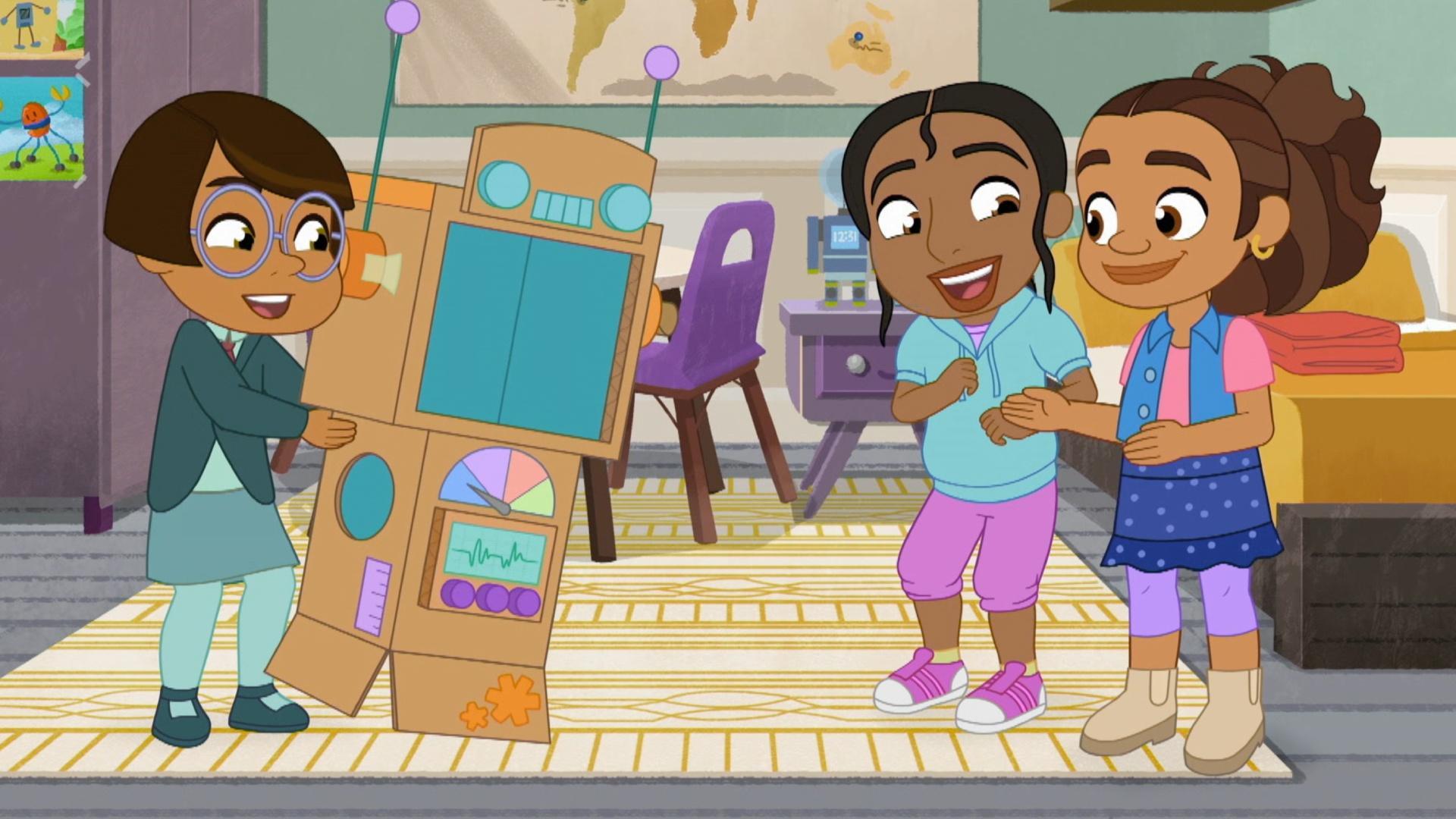 Alma, Harper, and Rafia make a robot video. / Alma and her friends start a rap circle.