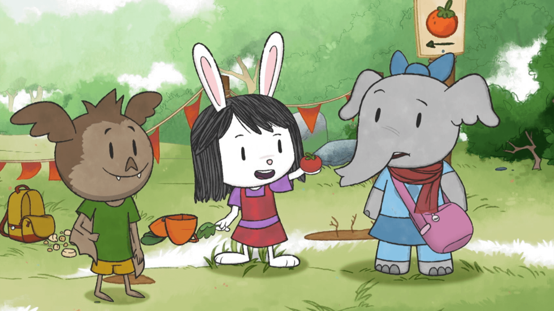 Elinor is having a fun day at the Animal Town Tomato Festival./Elinor is playing soccer.