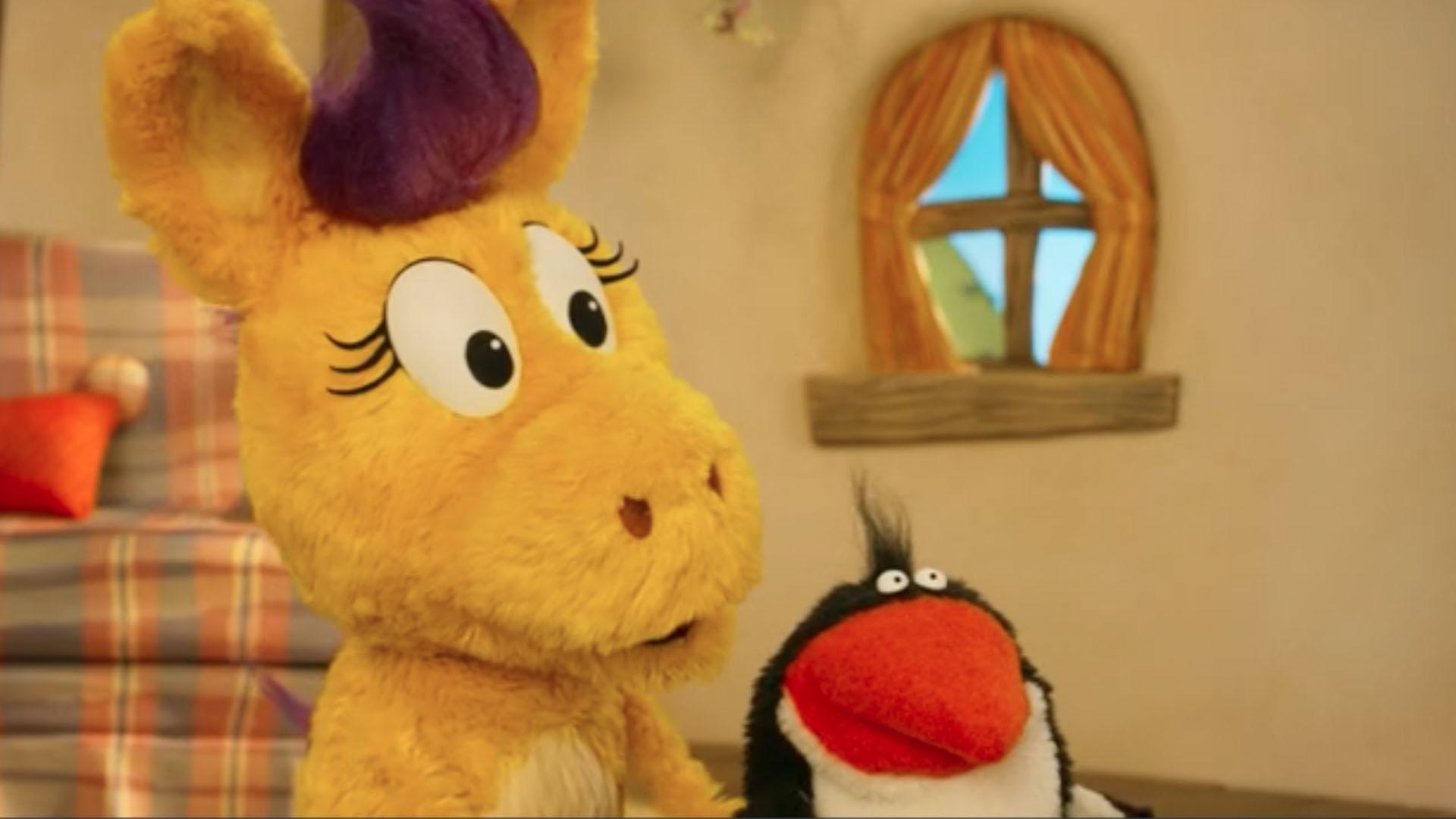 A noisy penguin interrupts band practice./The pals work together to win a gameshow.