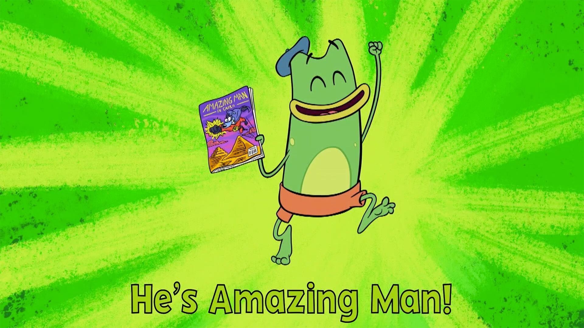 Andy sings the theme song of his favorite superhero, AmazingMan. Leo and Carmen chime in.