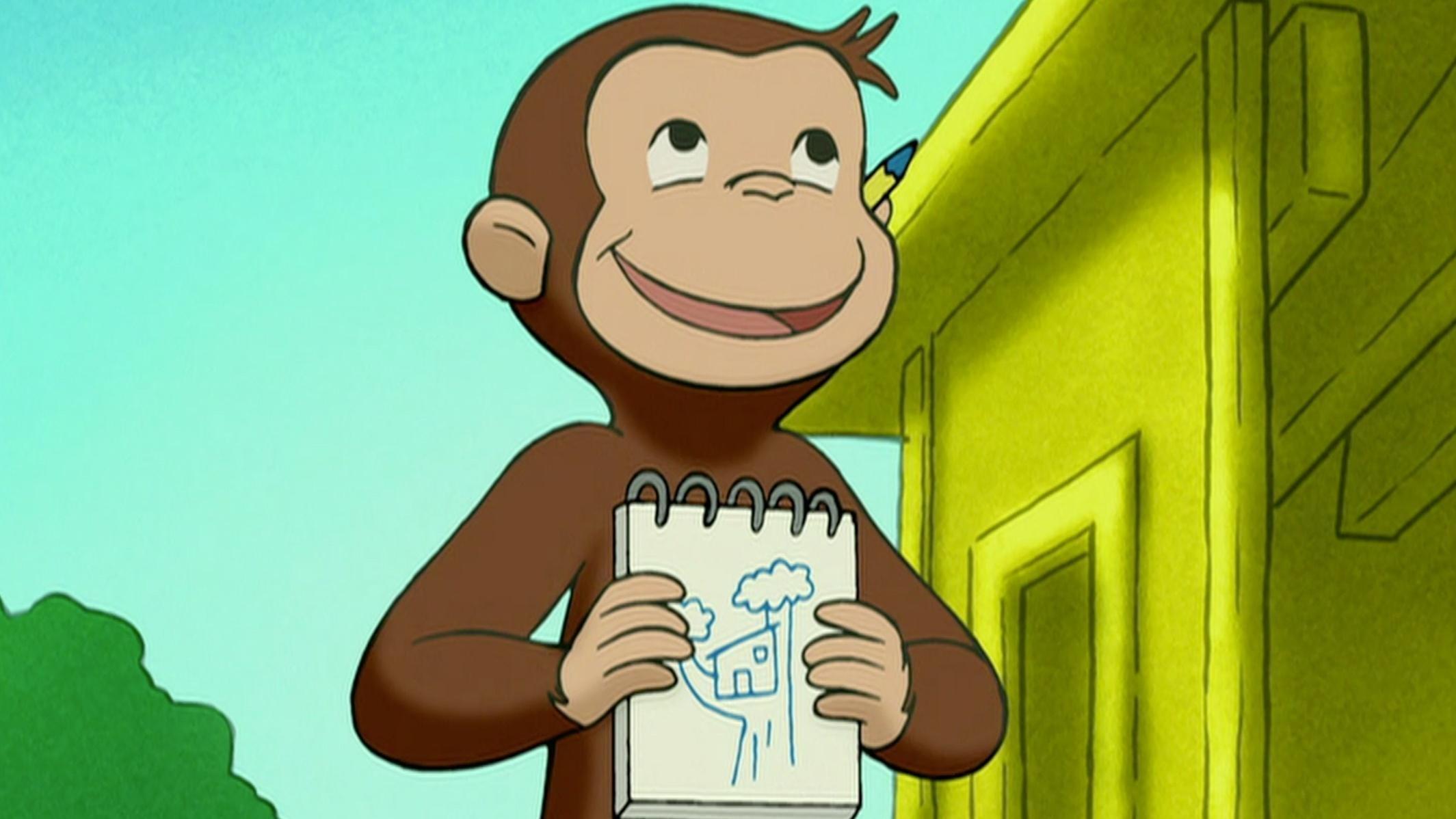 George builds a tree house. / George accidentally throws away The Man's hat.