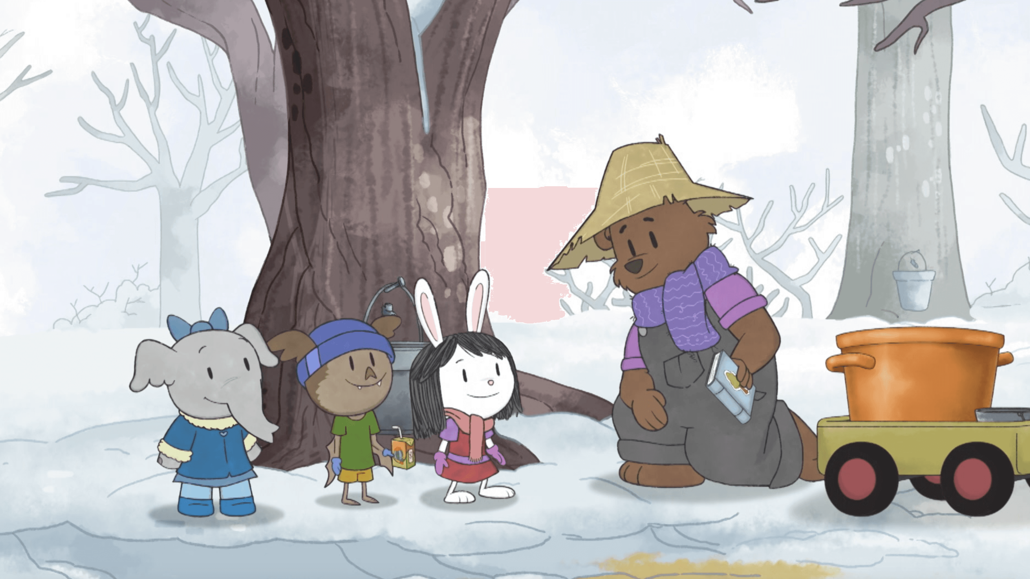 The kids find a spittle bug./The kids help Farmer Bear.