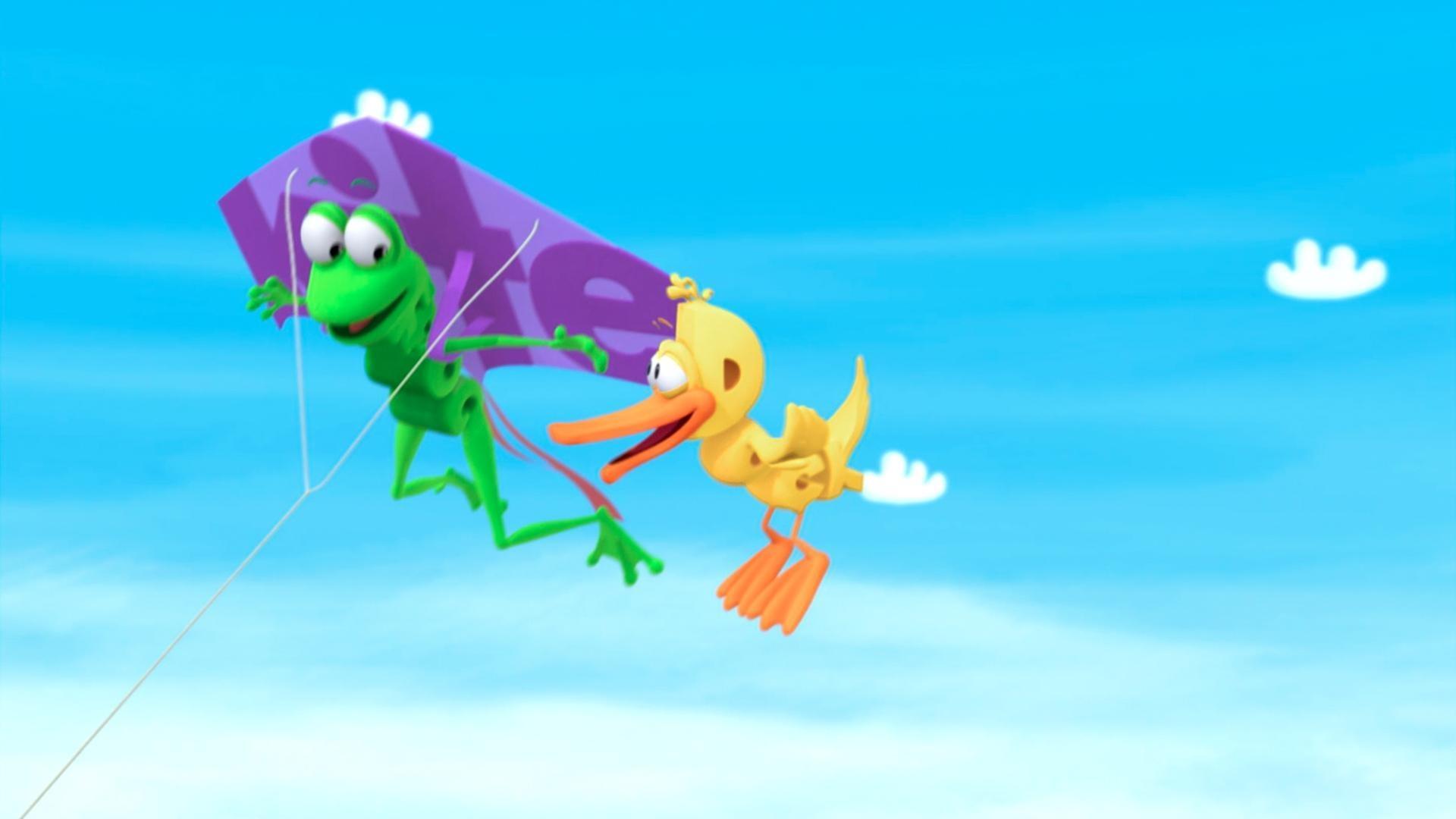 When Frog sails away on a big kite he built./The WordFriends play a game of Hide and Seek.