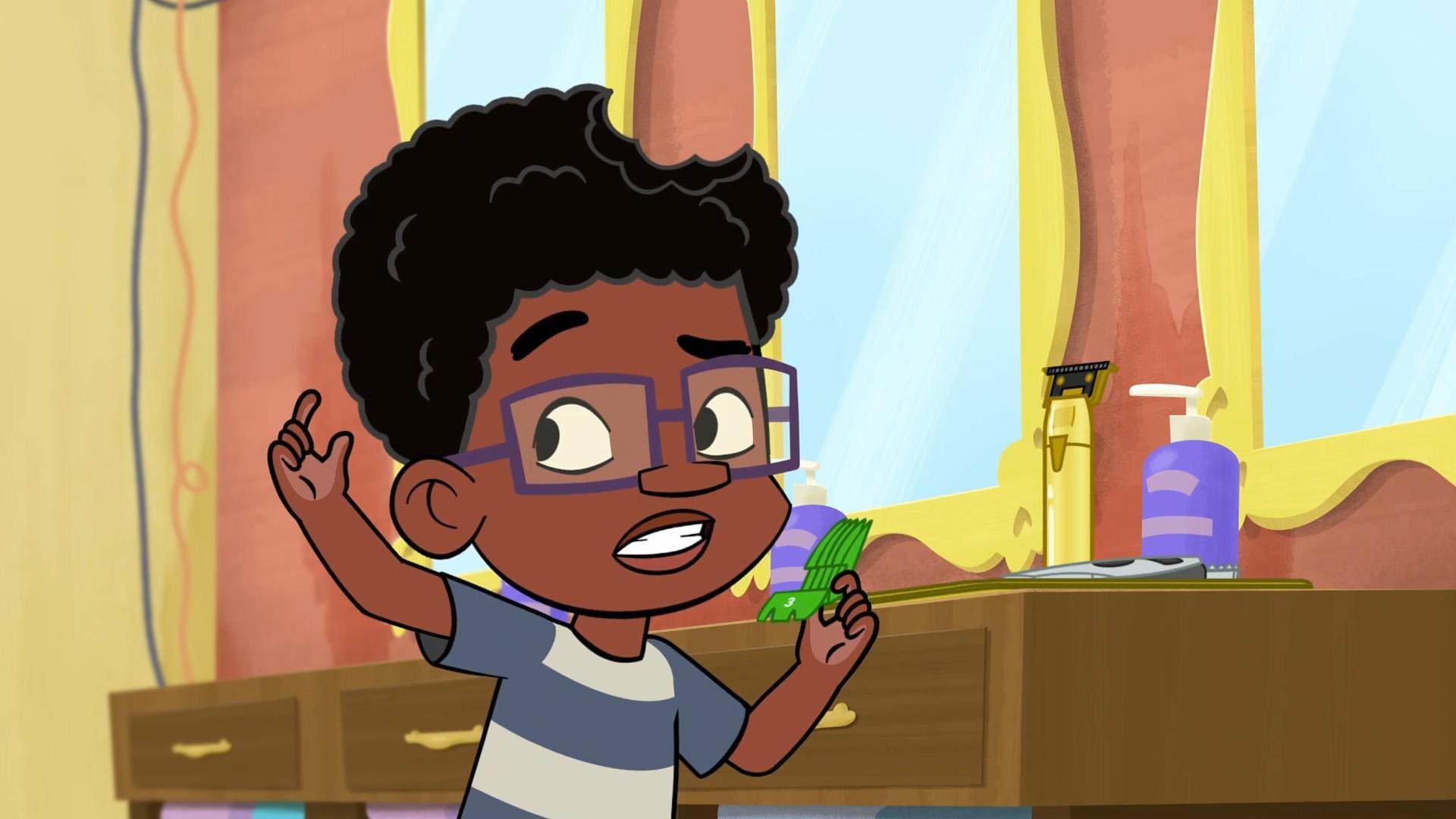 Jay picks a haircut with Miss Vee while learning about barber tools