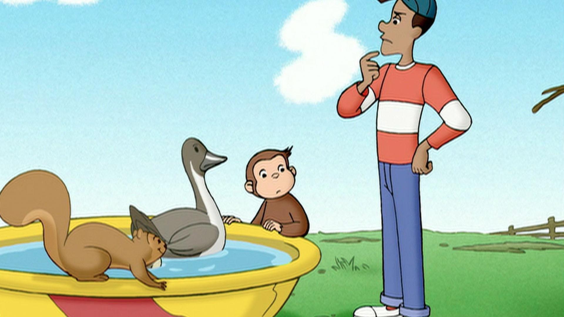 George meets ducks next to the country house. / George learns about magnets.