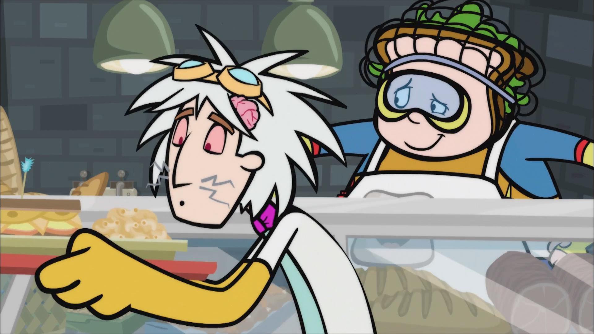 Coach eliminates Ms. Question from Villain School. / Chuck serves in the school cafeteria.