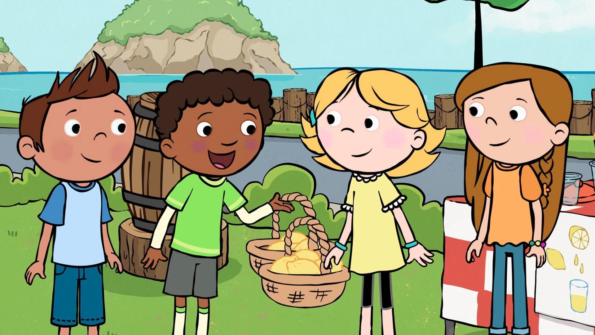 The gang opens a lemonade stand. / Emily Elizabeth and Clifford play pretend.