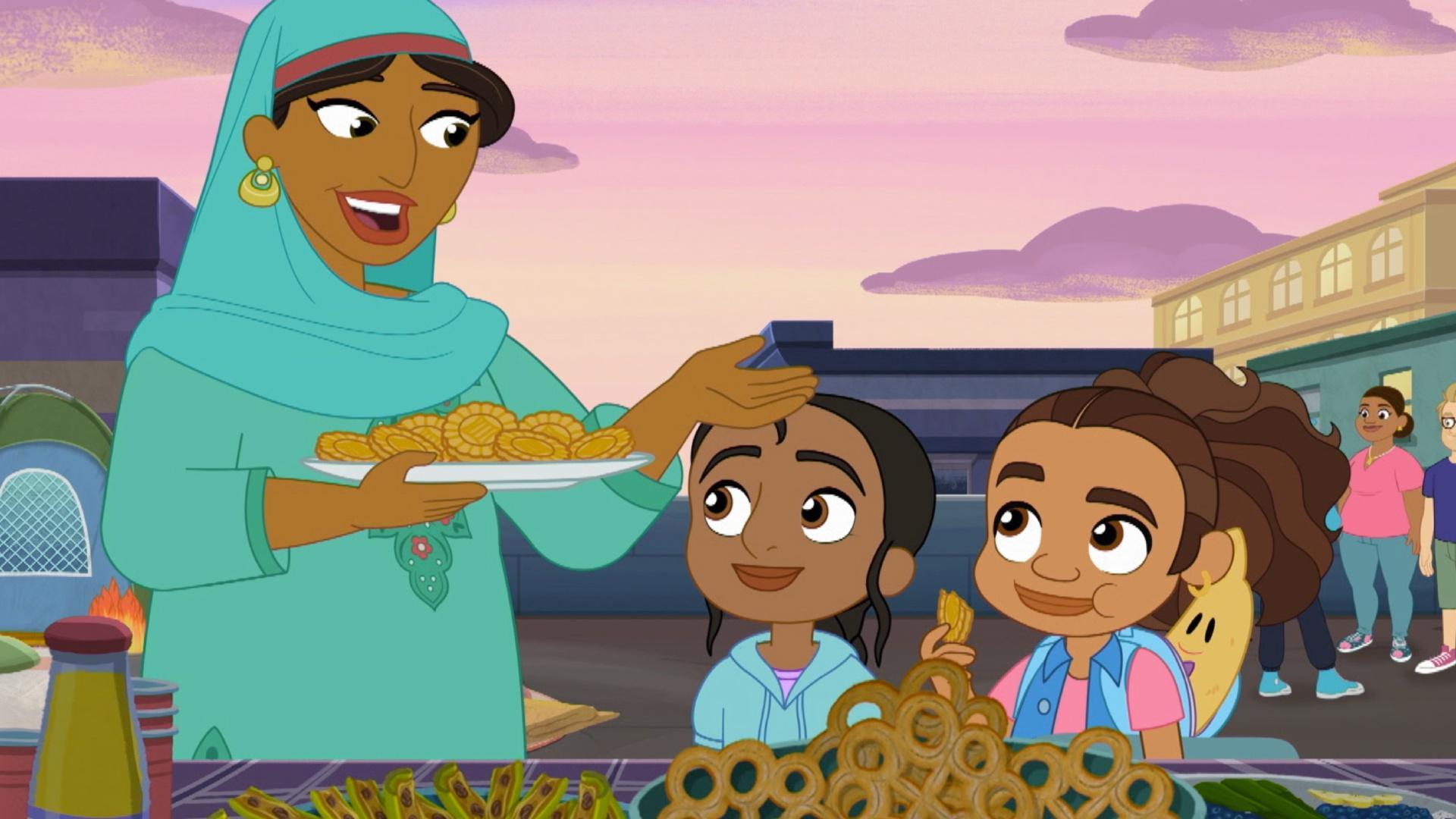 Alma and friends sleep over at the community center./Alma gathers leaves for leaf-jumping.
