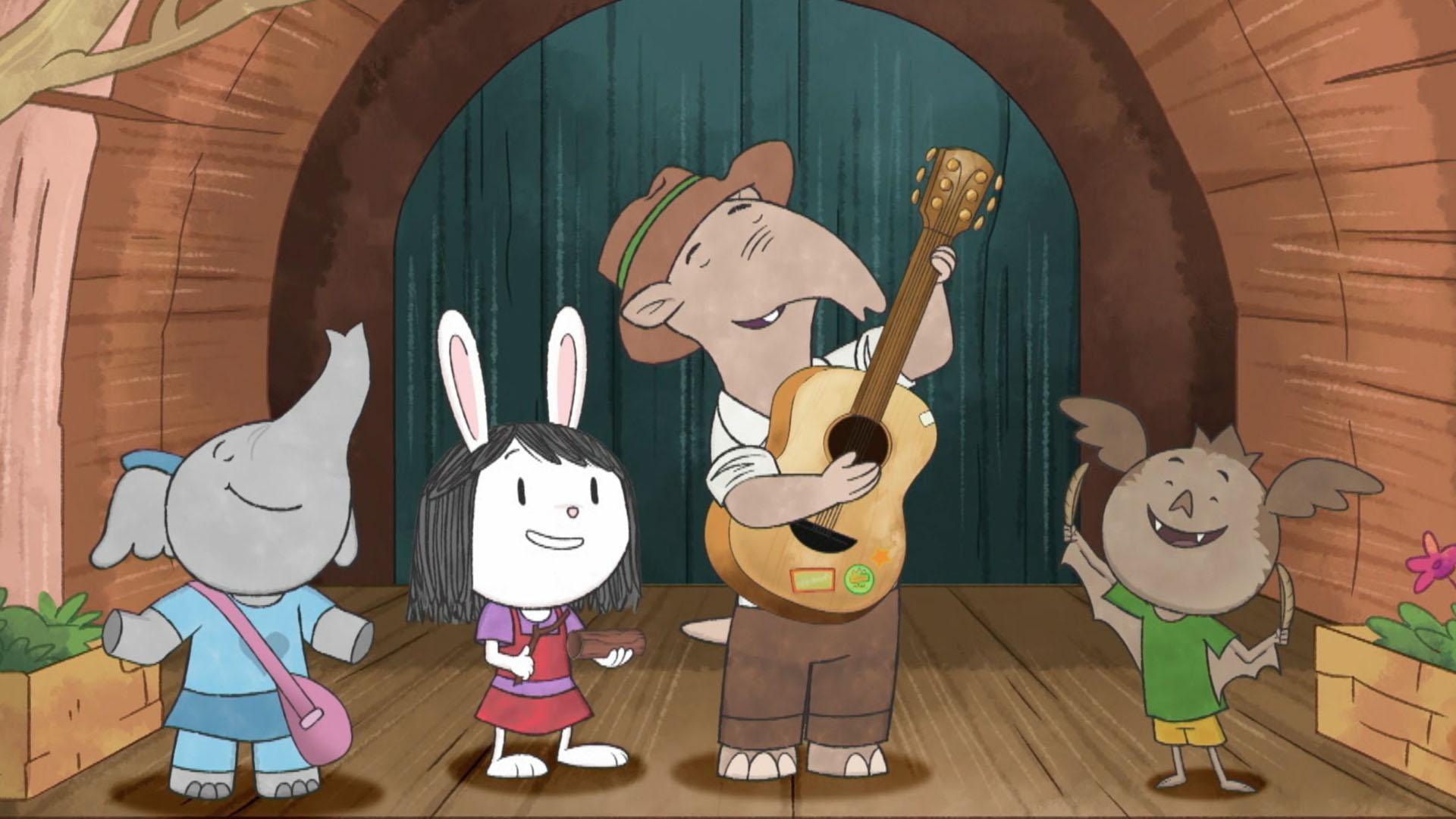 Señor Tapir is putting on a concert. / The kids are having a backyard camp out.