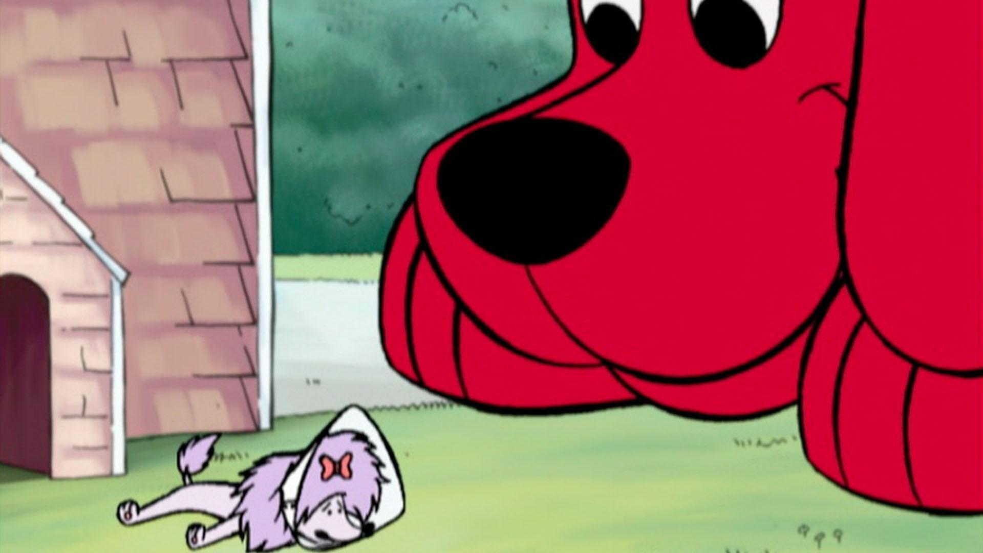 Cleo and Mac make fun of a dog wearing a cone collar. / Jetta watches her baby brother.