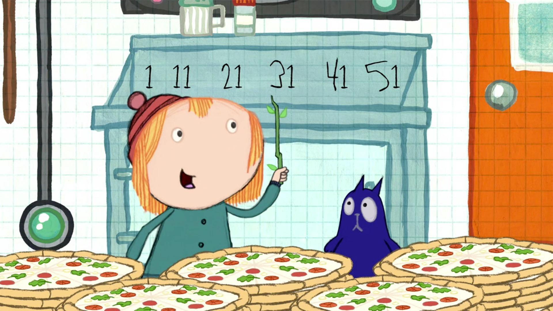 Peg and Cat use fractions to serve pizza halves./Peg and Cat are pursued by Pizza Pirates.
