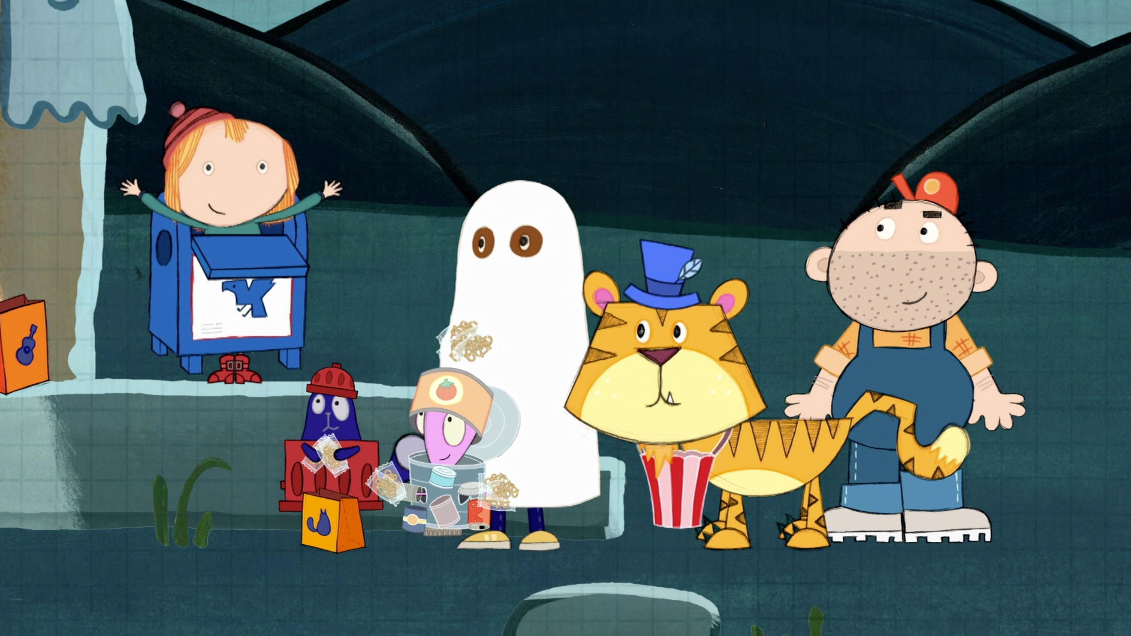 Peg and Cat help sort out recyclables. / A monster is chasing Peg and Cat!