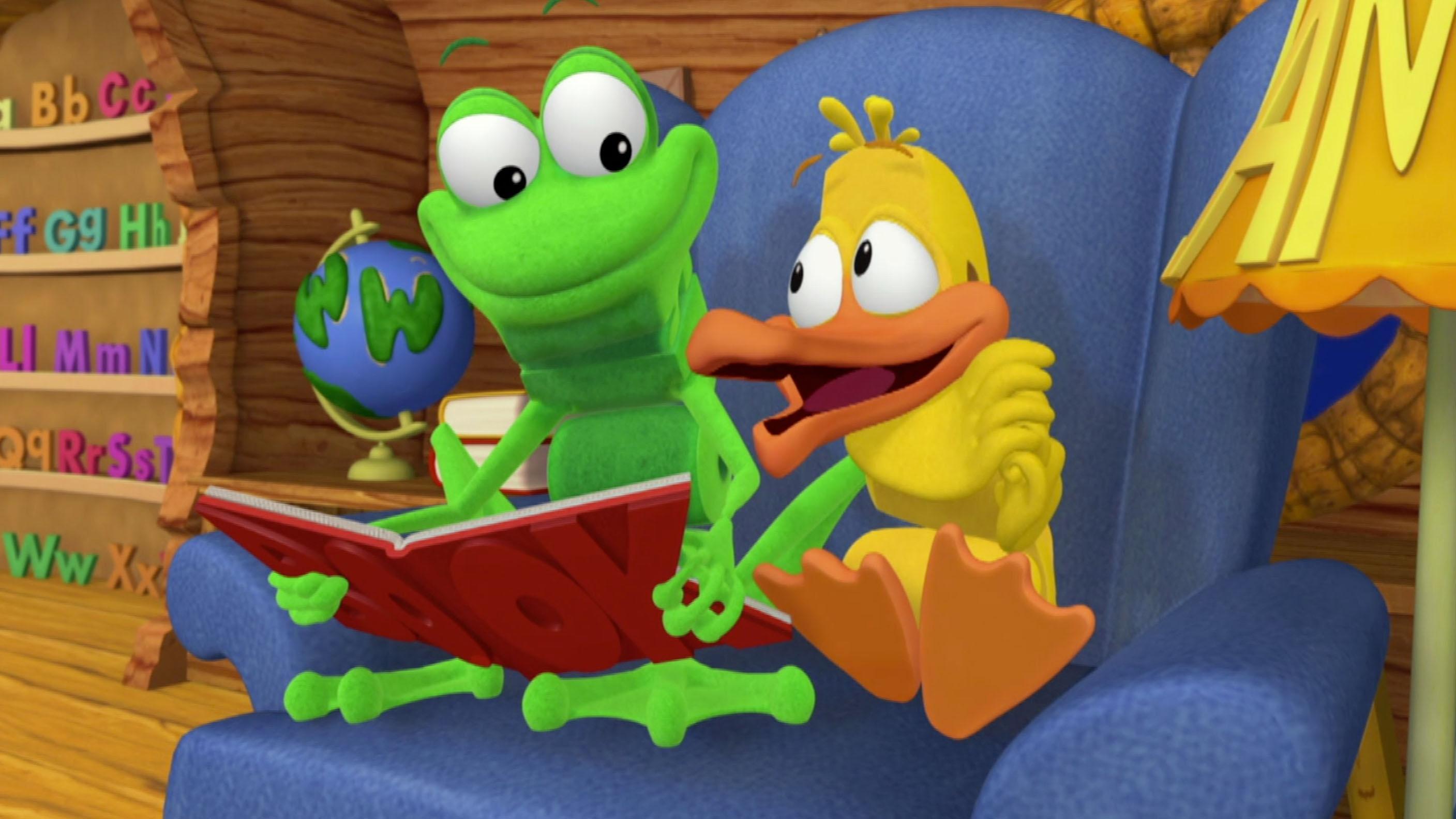 Duck asks Frog to read his favorite book on the radio. / Frog adds an "S" to everything!