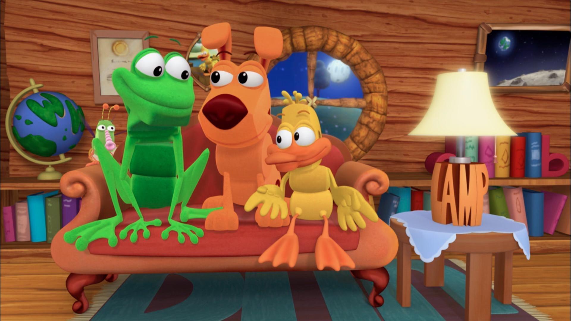 Duck accidentally breaks the "L" off Frog's lamp./Pig and Ant chase "C"s around WordWorld.