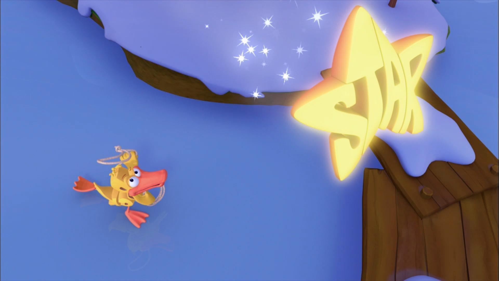 Duck tries get a star out of the sky for Frog. /Dog is missing part of his Christmas gift.