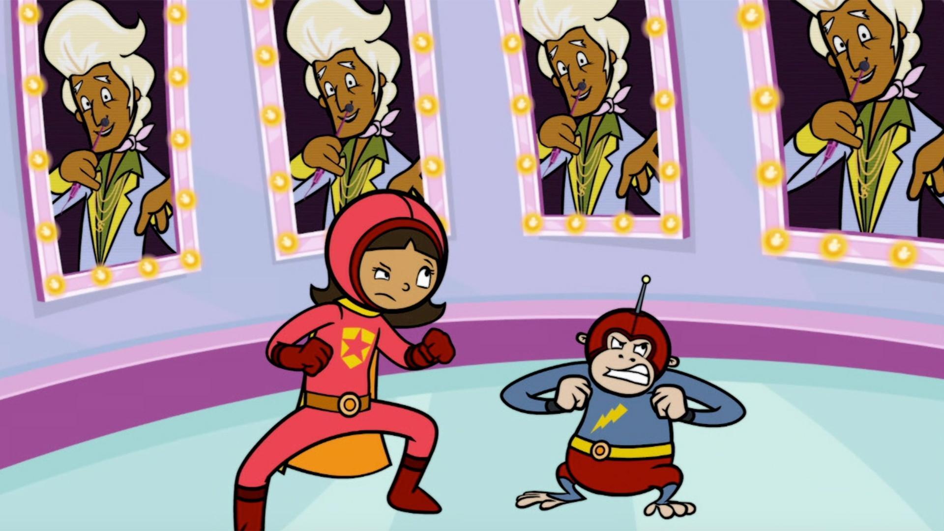 Seymour Smooth kidnaps Beau Handsome. / Scoops thinks he figured out who WordGirl is.