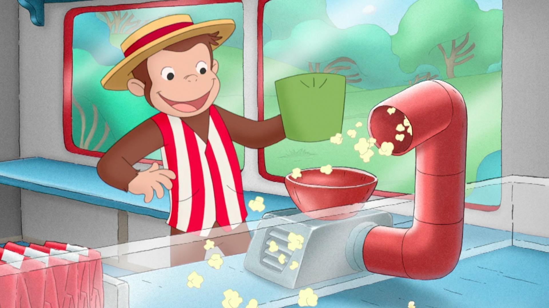 George volunteers to operate a popcorn cart. / George and Allie gather chicken eggs.