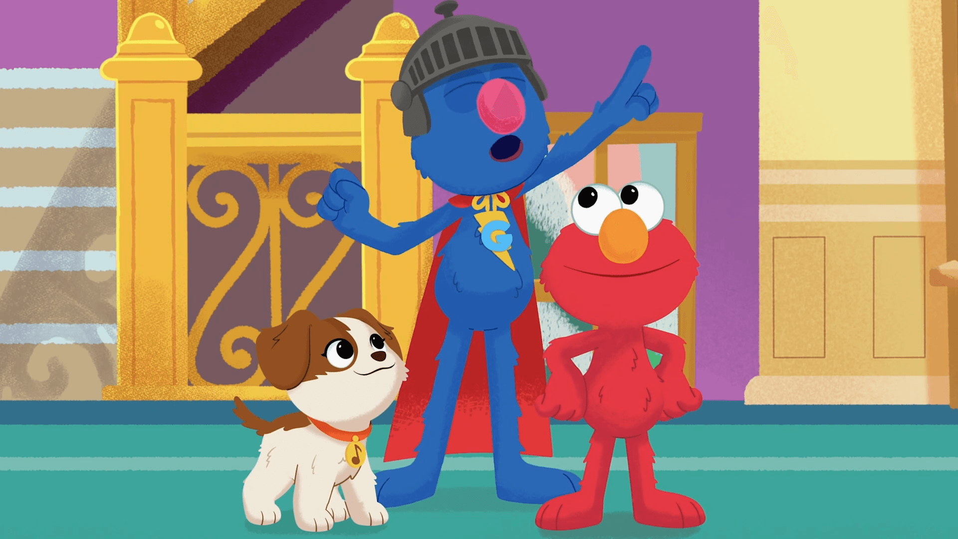 Elmo and Tango are super sidekicks! They Jump in to help Super Grover after he feels overwhelmed.