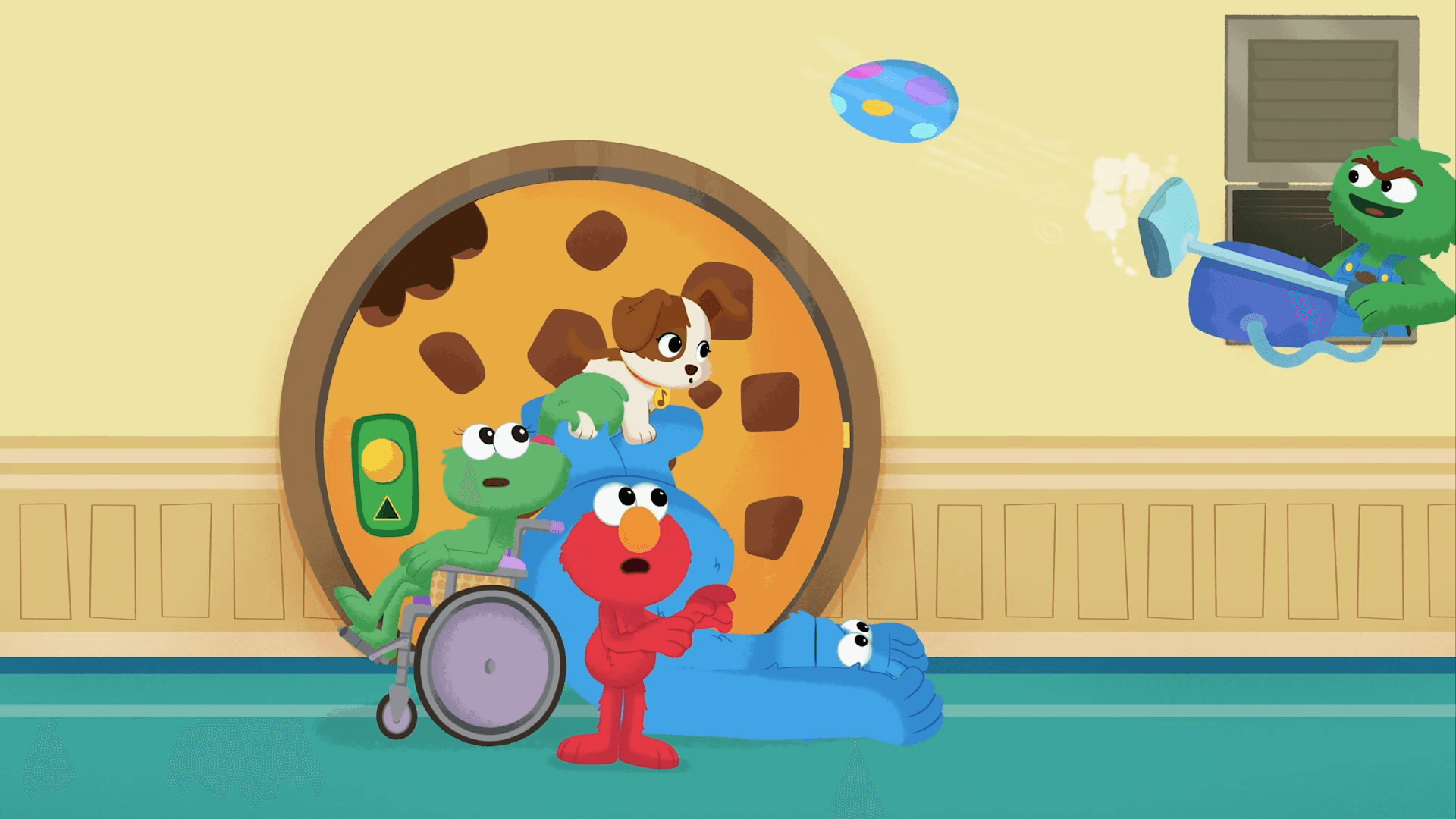 Elmo, Ameera, and Cookie egg sit for Abby.