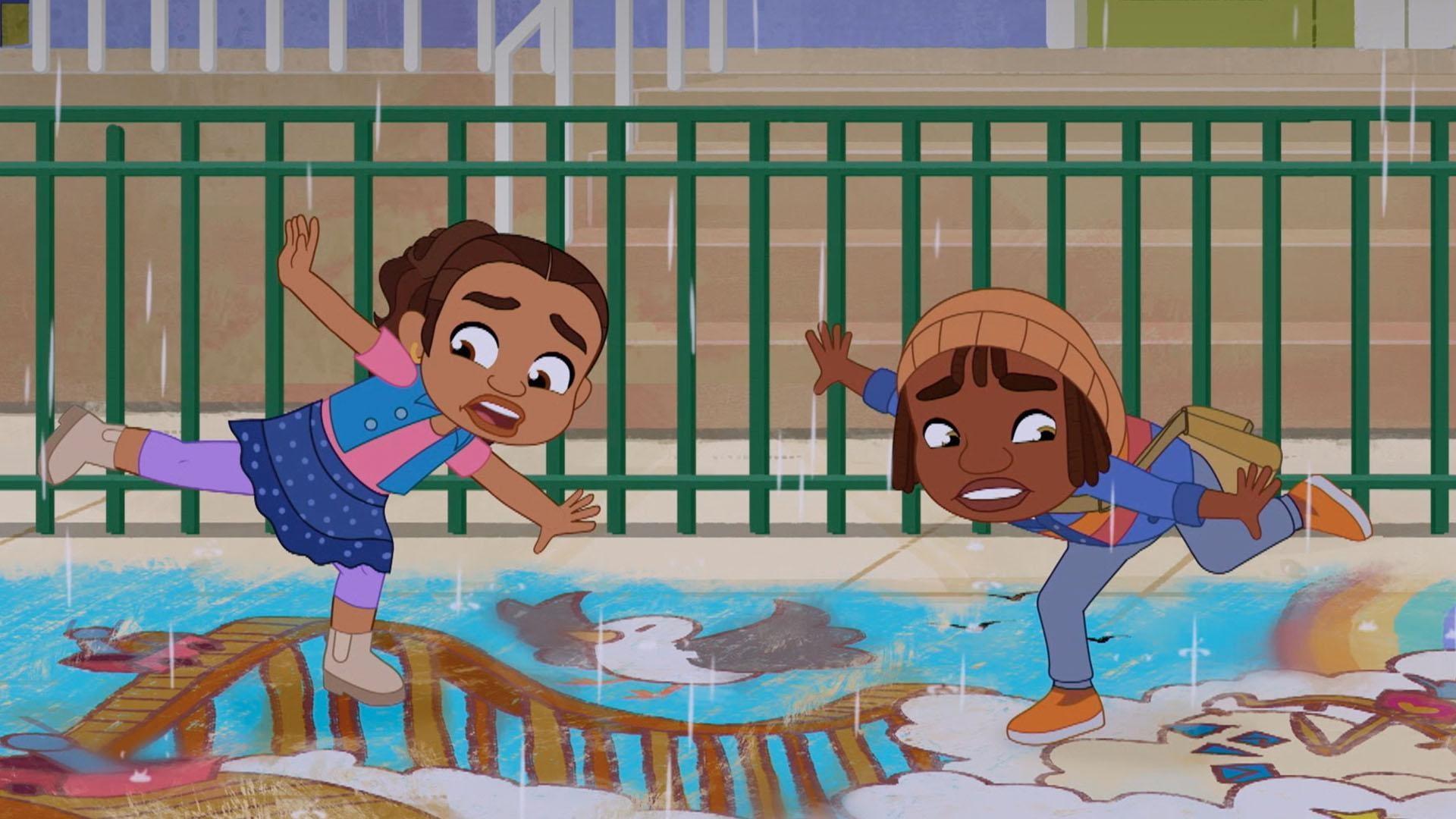 Alma and friends look for coquí frogs. / Alma helps André complete a chalk masterpiece.