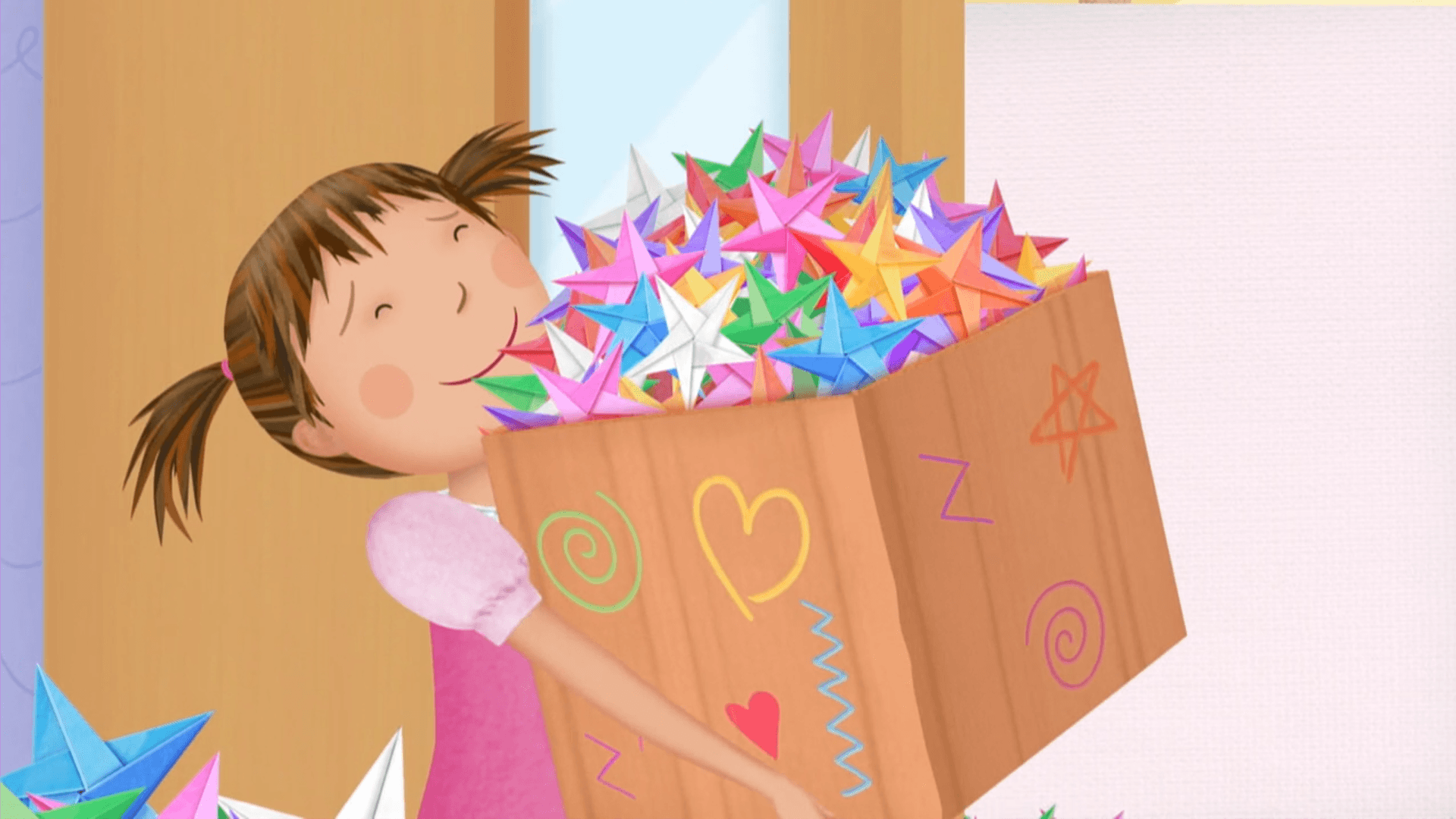 Ms. Penny shows her students how to make origami stars!/Pinkville has a scavenger hunt.