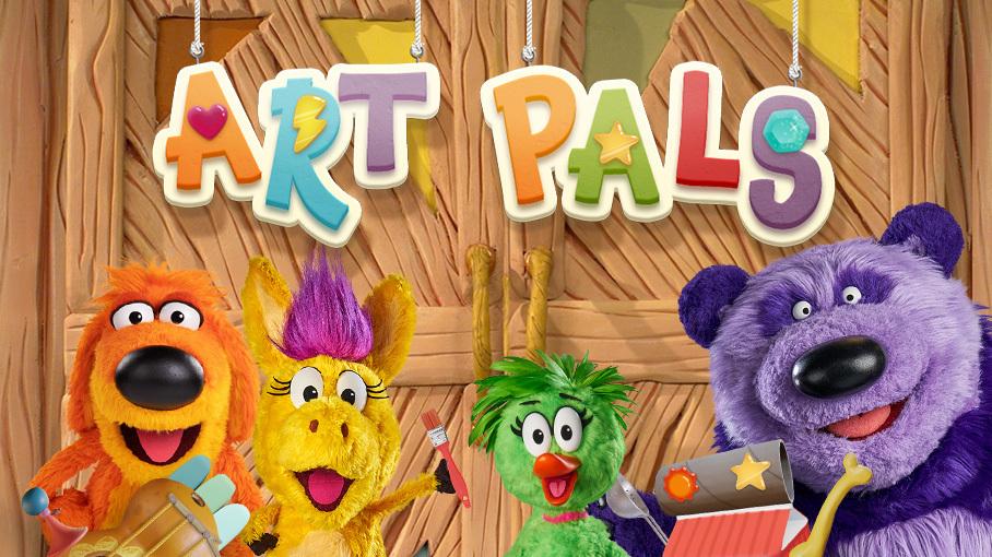 Art Pals game; Bob Dog, Donkey, Duck Duck, and Panda hold art supplies.