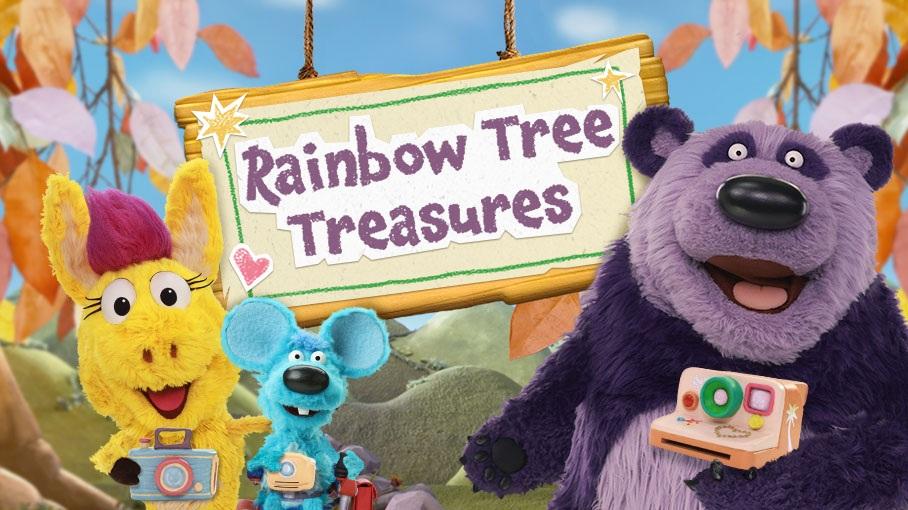 Rainbow Tree Treasures game; Donkey, Jeff, and Panda hold cameras.